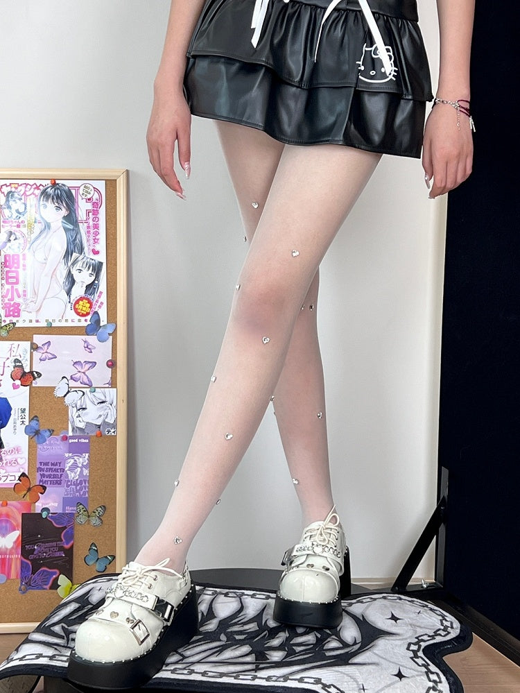 White Rhinestone Heart Decorated Tights