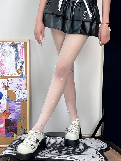 White Rhinestone Heart Decorated Tights