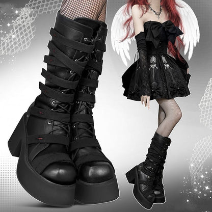 Crosses Gothic Black Platform Bandage Boots