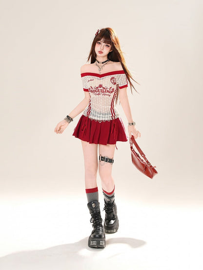 Black/White Off-the-shoulder Neckline Semi-sheer Lace T-shirt