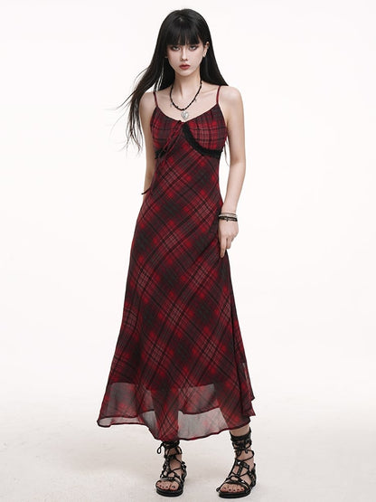 Red & Black Plaid V-neck Self-tie Strap Neckline Cami Dress