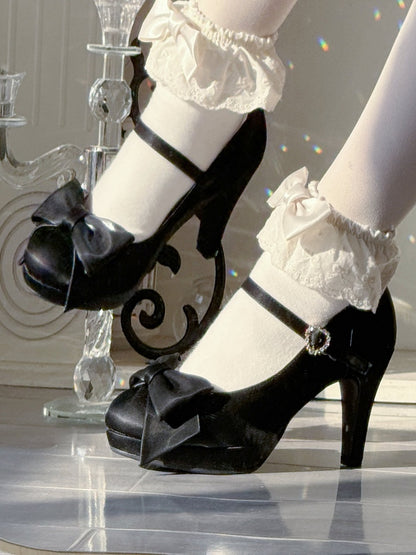 Black Elegant Lolita High Heels - Bow at Top & Rhinestone Heart Buckle