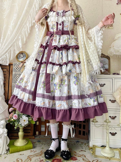 Blueberry and Ice Cream Print Tiered Skirt Purple Ruffle Trimming Lolita Dress