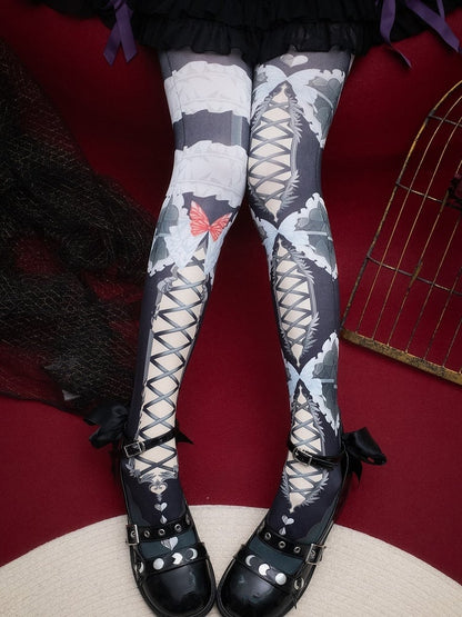 Pink/Blue/Black/Yellow/Red Asymmetrical Crisscorss Banded And Butterfly Print Tights