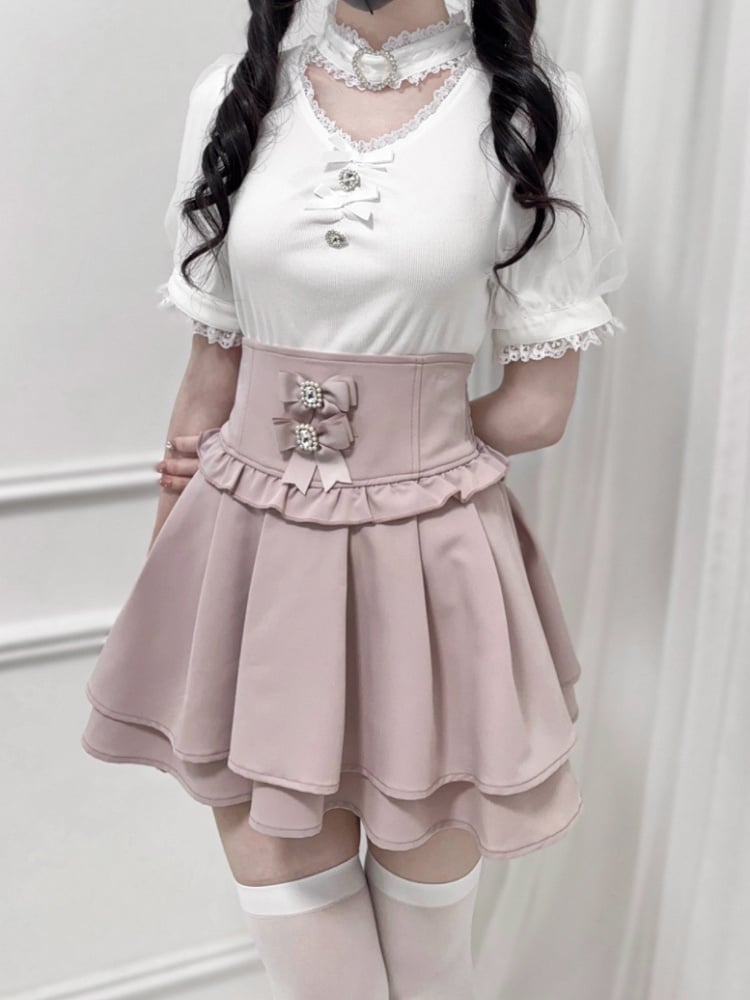 Dusty Pink Jirai Kei Corset Waist Double-Layered Skirt with Detachable Bowknots