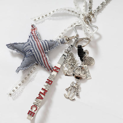 Punk Rock Skeleton and Star Charm White Necklace Keychain