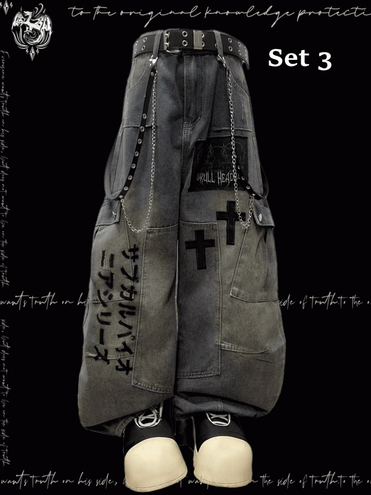 Blue Cross Applique Wasteland Punk Distressed Wide-leg Cargo Jeans