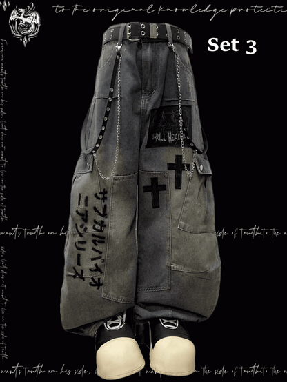 Blue Cross Applique Wasteland Punk Distressed Wide-leg Cargo Jeans