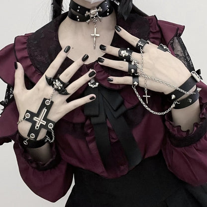 Black Stud Detail PU Punk Bracelet with Rings