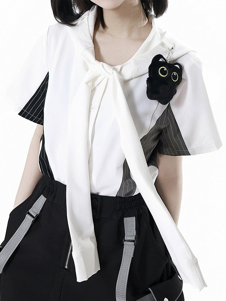 Black and Gray Striped Colorblock Design Techwear Necktie Design Hooded Shirt with Kitty Plushie