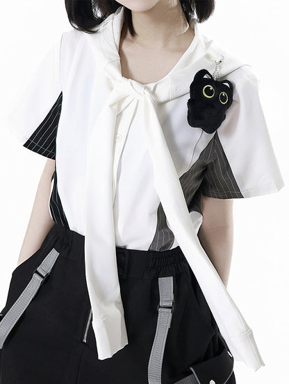 Black and Gray Striped Colorblock Design Techwear Necktie Design Hooded Shirt with Kitty Plushie