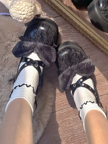 Black Plush Kitty Ear Lace Platform Mary Janes