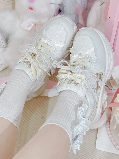 White Beaded Decorated Bowknot Details Front Lace-up Ties Sneakers