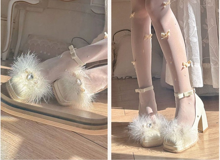 Heart-shaped Rhinestone Apricot High Block Heel Mary Janes