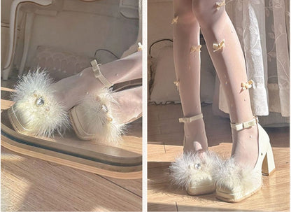 Heart-shaped Rhinestone Apricot High Block Heel Mary Janes