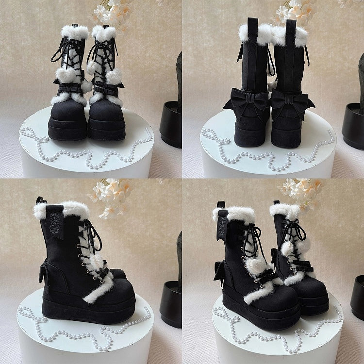 Plush Lined & Romantic Bow Accents Platform Black Boots in Sweet Lolita
