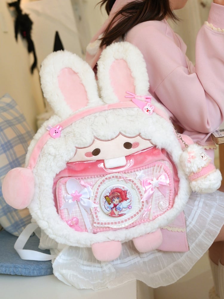 White And Pink Cute Rabbit-shaped Plush Ita Bag Backpack