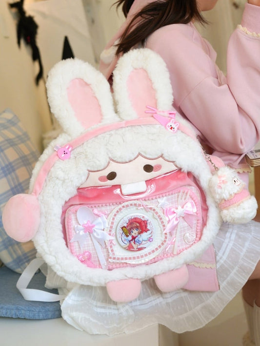White And Pink Cute Rabbit-shaped Plush Ita Bag Backpack