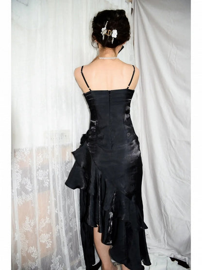 Black Vintage Floral Dress Asymmetrical Hem Prom Gown