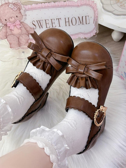 Brown Sweet Lolita Mid-heel Mary Janes - Round ToeDesign with Bow, Ruffle Details & Scalloped Fastener