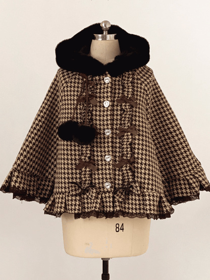 Jirai Kei Houndstooth Fleece-Lined Hooded Cape with Heart Buttons, Bow & Pompom | 3 Colors