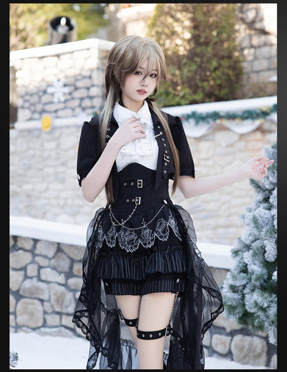 Black and White Prince Ouji Lolita Outfit - White Sleeveless Shirt + Black Cropped Top + Hiigh Waist Blommer Shorts Full Set