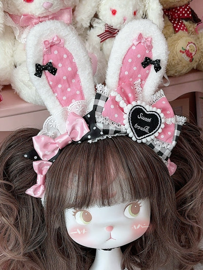 3 Color Options Polka-dot And Plaid Pattern Bowknot Details Plush Bunny Ear KC