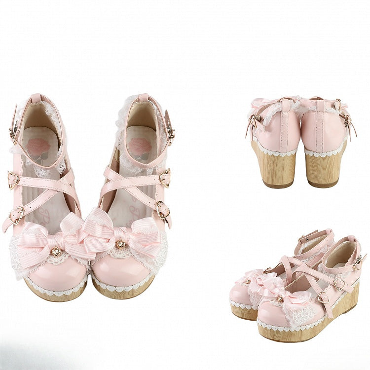 Pink Bow at Top Crisscross Design Heart Buckles Lace Trim Platforms