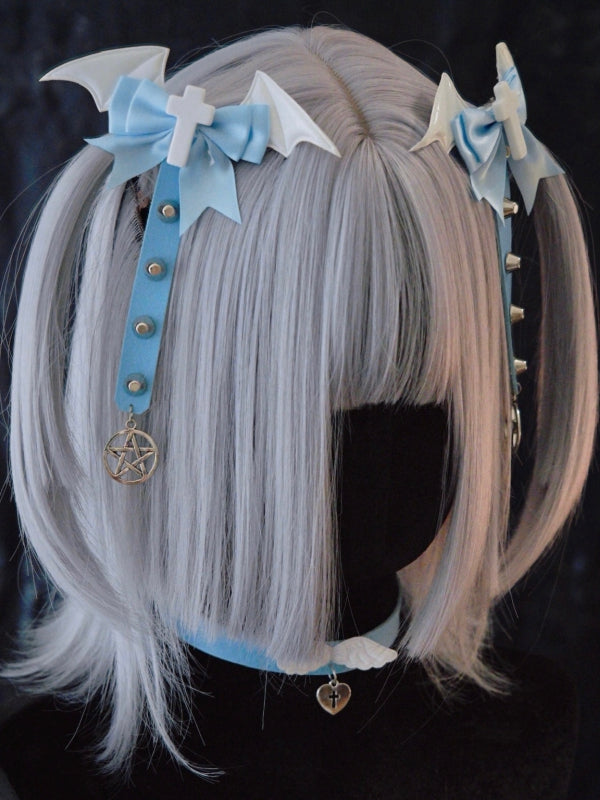 Studs Decorated Blue and White Cross Bowknot Hairclips