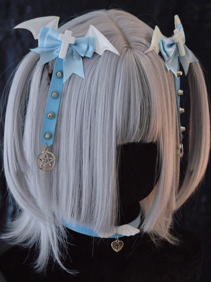 Studs Decorated Blue and White Cross Bowknot Hairclips