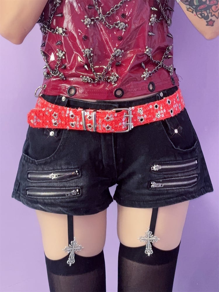 Punk Glitter Stud Waist Belt with Twin Buckles – 7 Colors