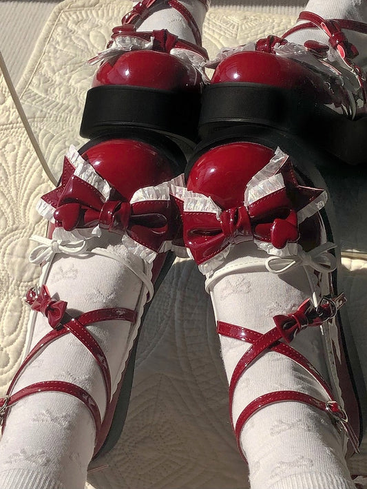 5CM Wine Red Bow at Top Crisscross Design Sweet Lolita Platforms