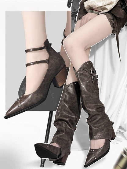 Brown Pointed Toe Gothic Block Heels with Skeleton Decorated Leg Warmers