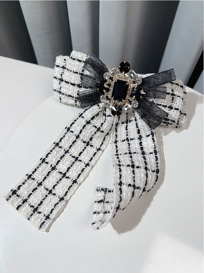 Black/White Rhinestone Decorated Plaid Pattern Bow Tie