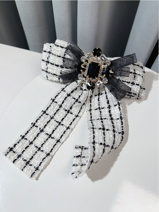 Black/White Rhinestone Decorated Plaid Pattern Bow Tie