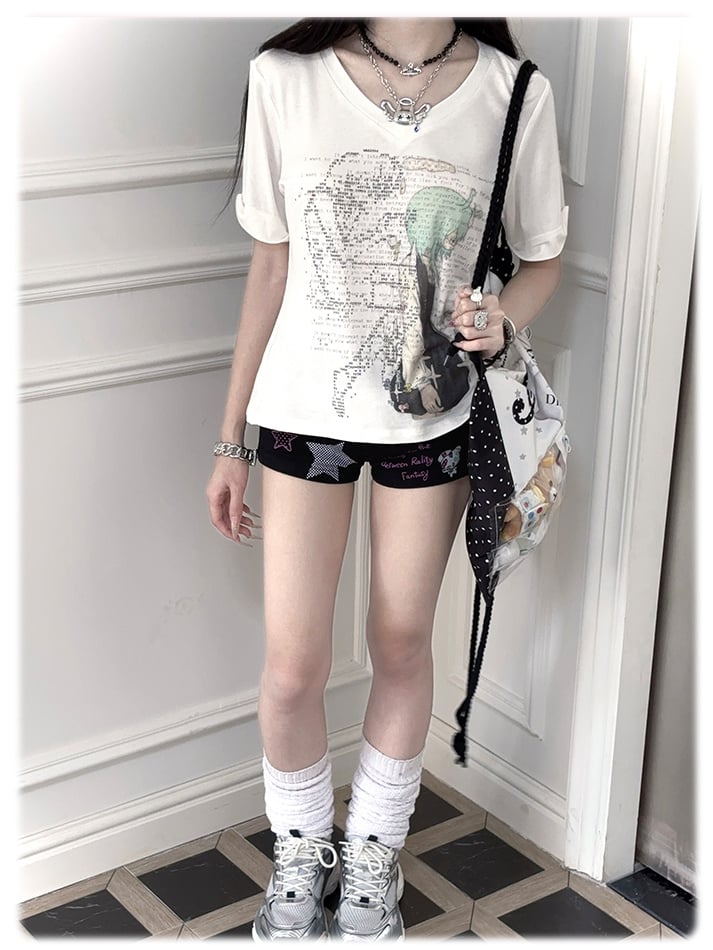 Green/Pink Anime Girl Print V-neck T-shirt