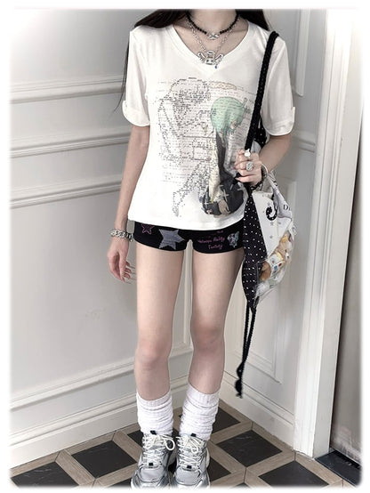 Green/Pink Anime Girl Print V-neck T-shirt