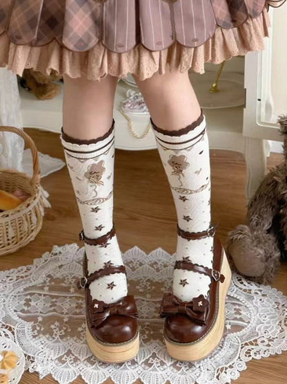 Clearance-Size 35 Brown Star Applique Bow at Top Lolita Platform Shoes