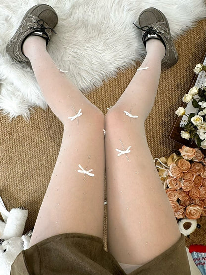White/Purple/Pink Bowknot Details Rhinestone Decorated Tights