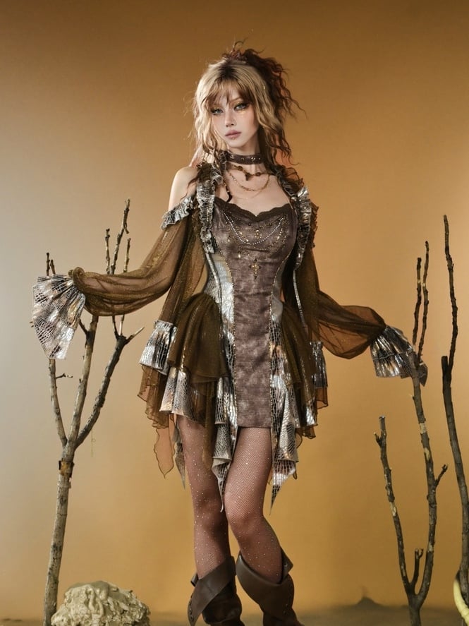 Brown Wasteland Punk Snakeskin Pattern Contrast Lace Patches Asymmetrical Hem Cami Top