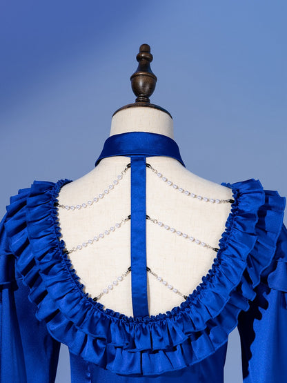 Deep Sea Blue Layered Ruffles V-neck Long Sleeves Shirt with Detachable Bead Chain Cutout Back