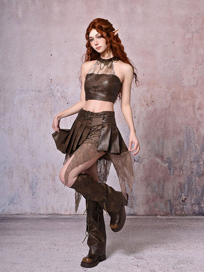 Chains Decorated Dark Brown Wasteland Punk Pleated Handkerchief Skirt