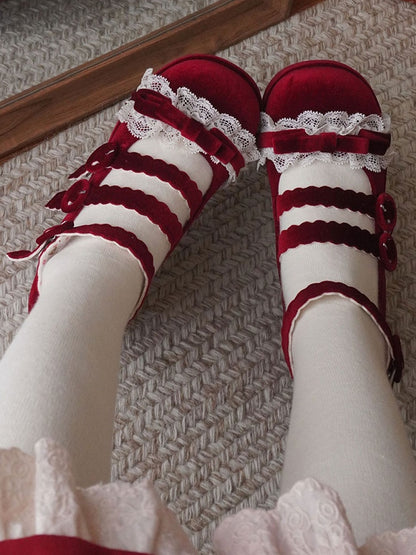 Lace Trim Bowknot at Top Velvet Wine Red Buckle Straps Platforms