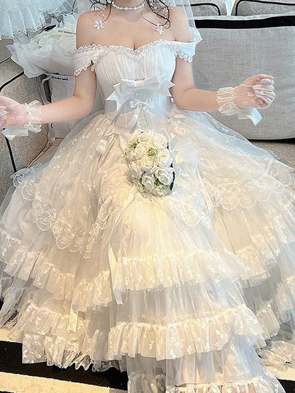 White Layered Ruffles Lace Shiro Lolita Dress with Bow Accents