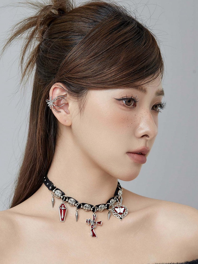 Punk Gothic Black and Red Crosses and Studs Choker
