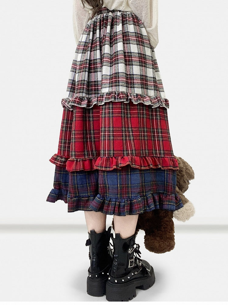 Red Christmas Plaid Pattern Tiered Ruffles Skirt
