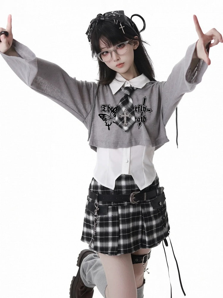 Y2K Lace-up Detail Black & White/ Khaki Plaid Skort with Buckle Belt and Chain