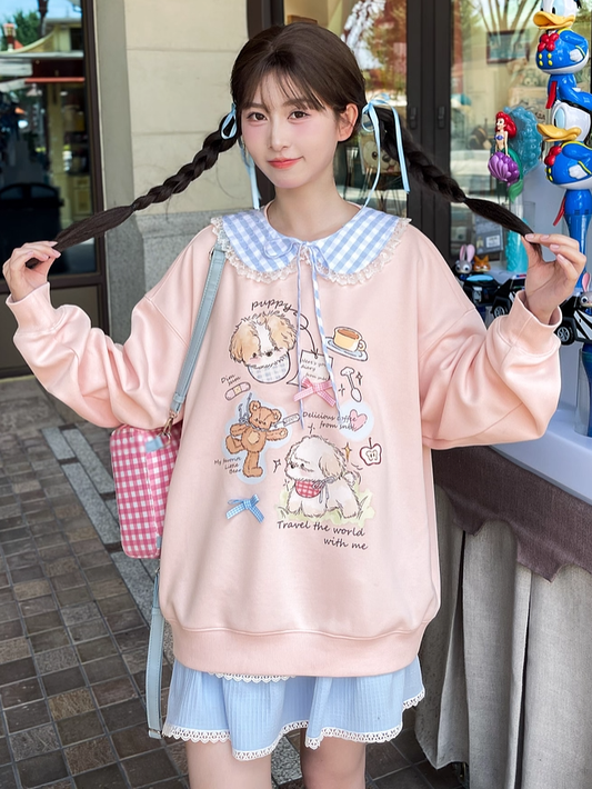 Adorable Cartoon Puppy Print Pink Round Neck Loose Sweatshirt