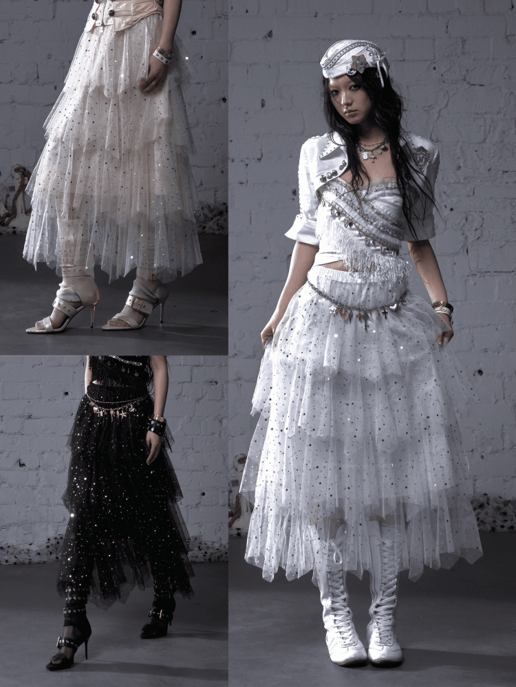 Black/White/Apricot Elastic Waist Sequin Details Tiered Mesh Skirt