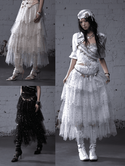 Black/White/Apricot Elastic Waist Sequin Details Tiered Mesh Skirt